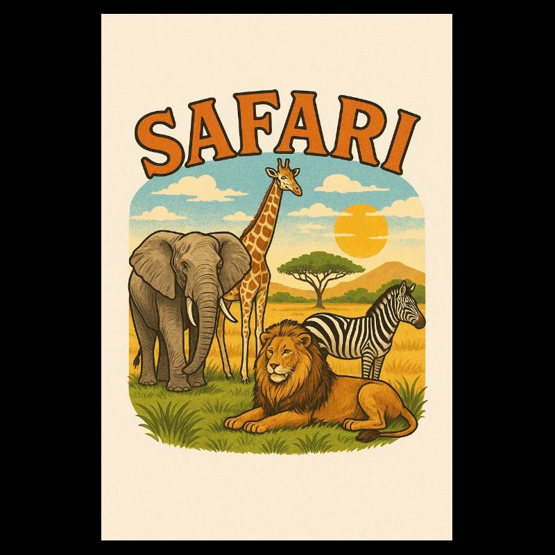 Savannenlandschaft mit Löwe, Elefant, Giraffe