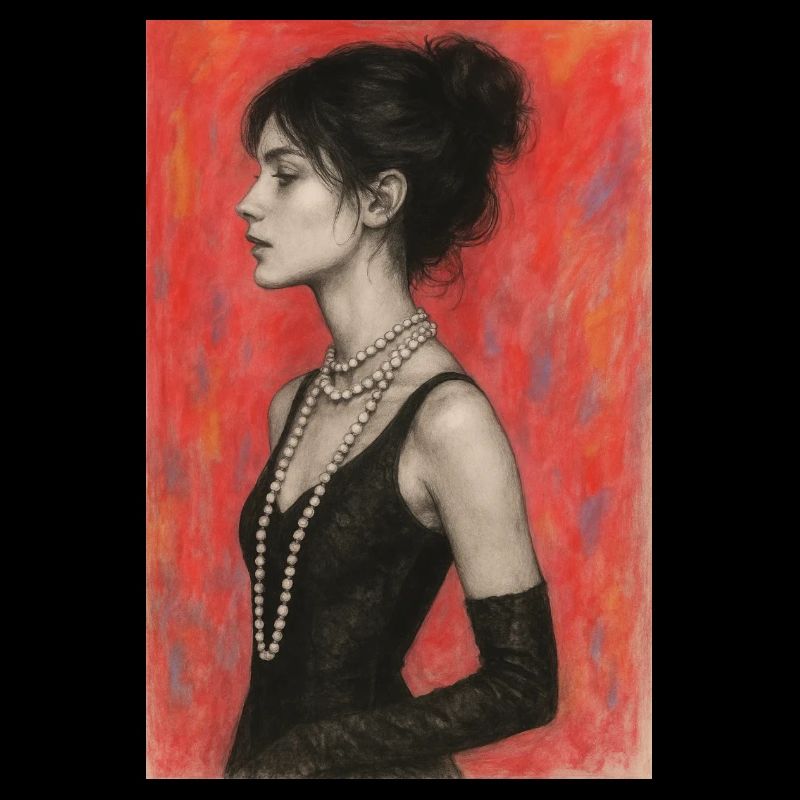 Femme au collier de perles rouge omikly pop art