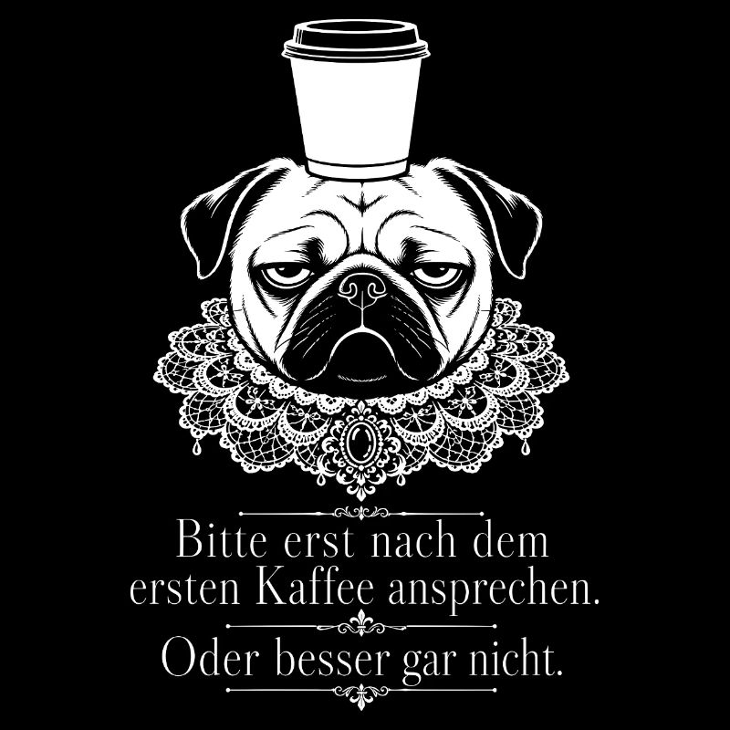 Grimmiger Mops balanciert einen Kaffeebecher