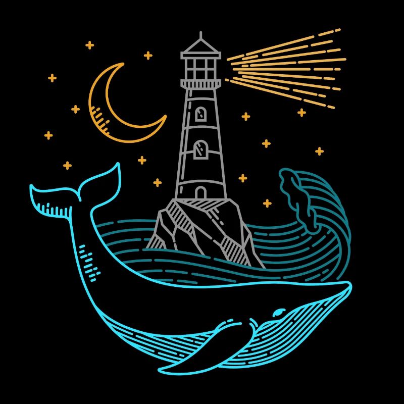 Whale with lighthouse night with moon and moonlight