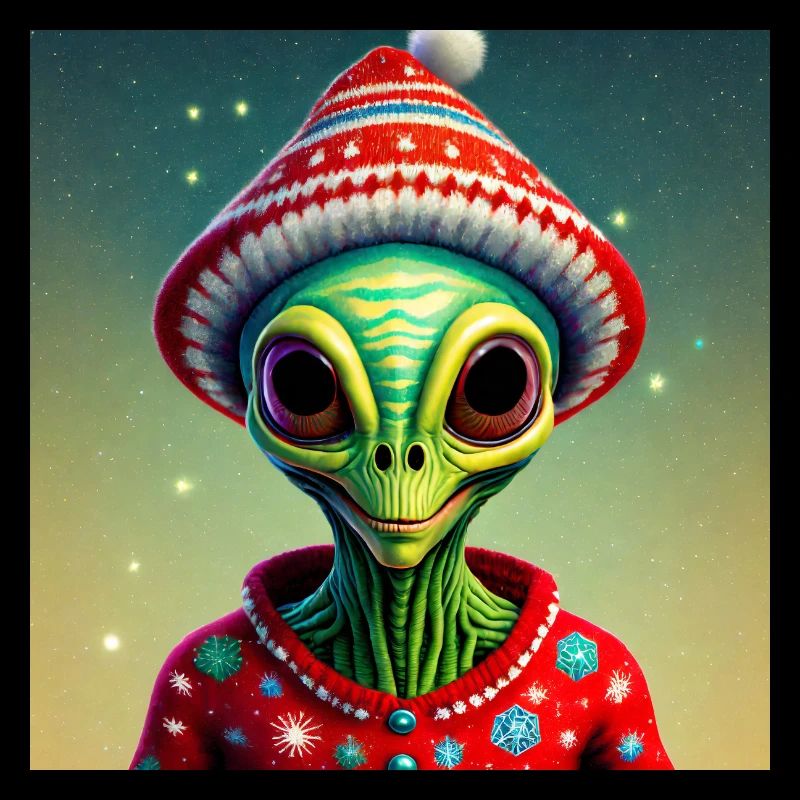 green alien wearing an ugly Christmas sweater