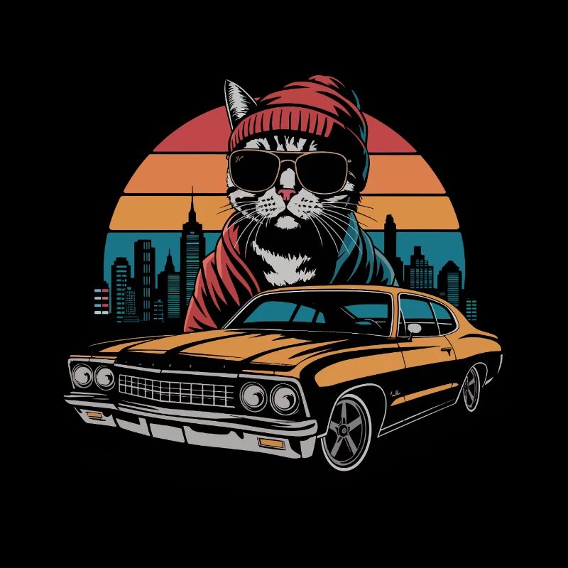 Cool Cat in Car - Retro 70s Design