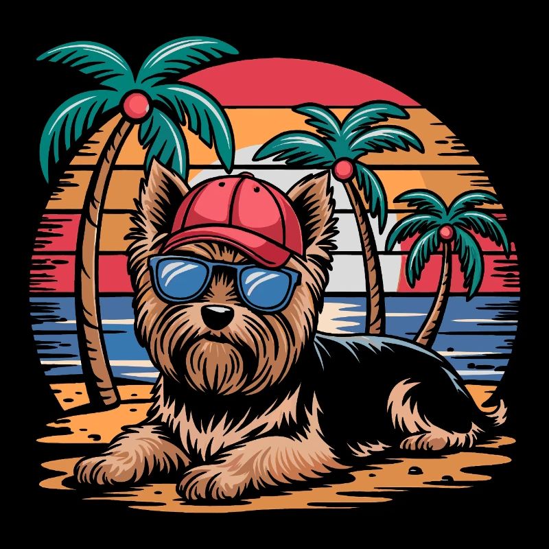 Cool Yorkie Yorkshire Terrier Under Palm Trees