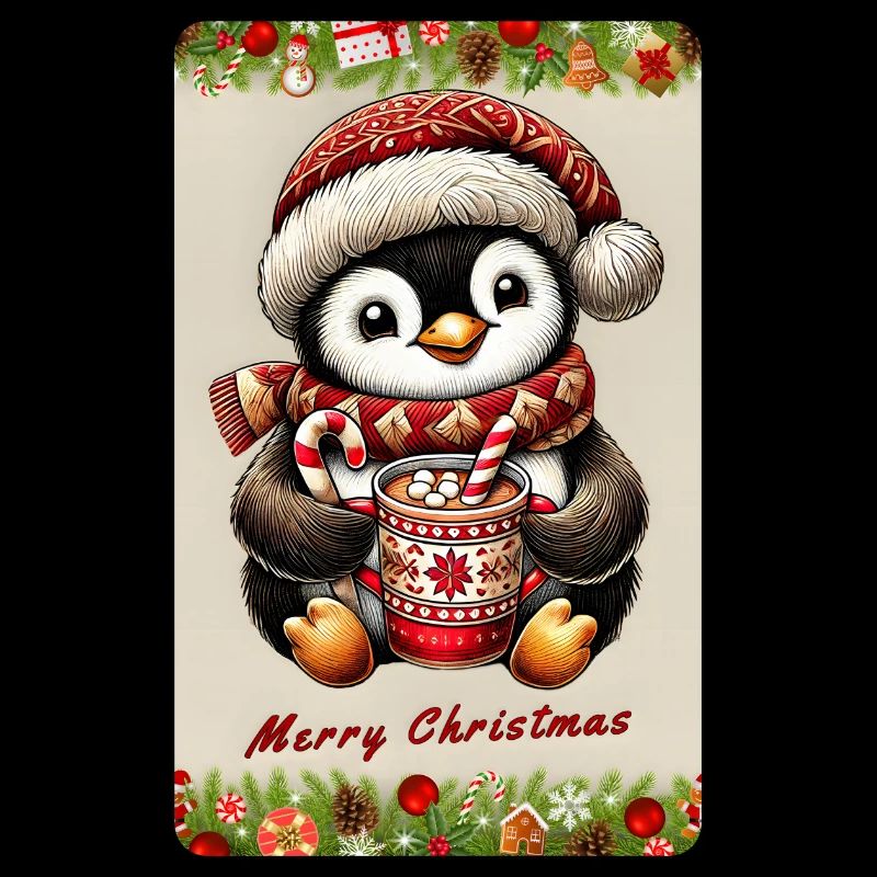 Weihnachts-Pinguin mit heißer Schokolade