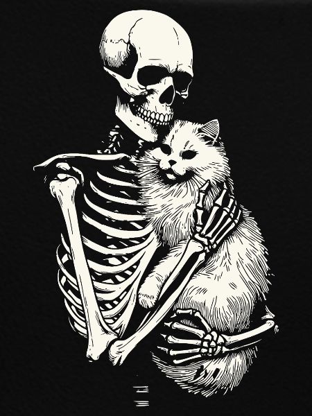 Skeleton hugging cat