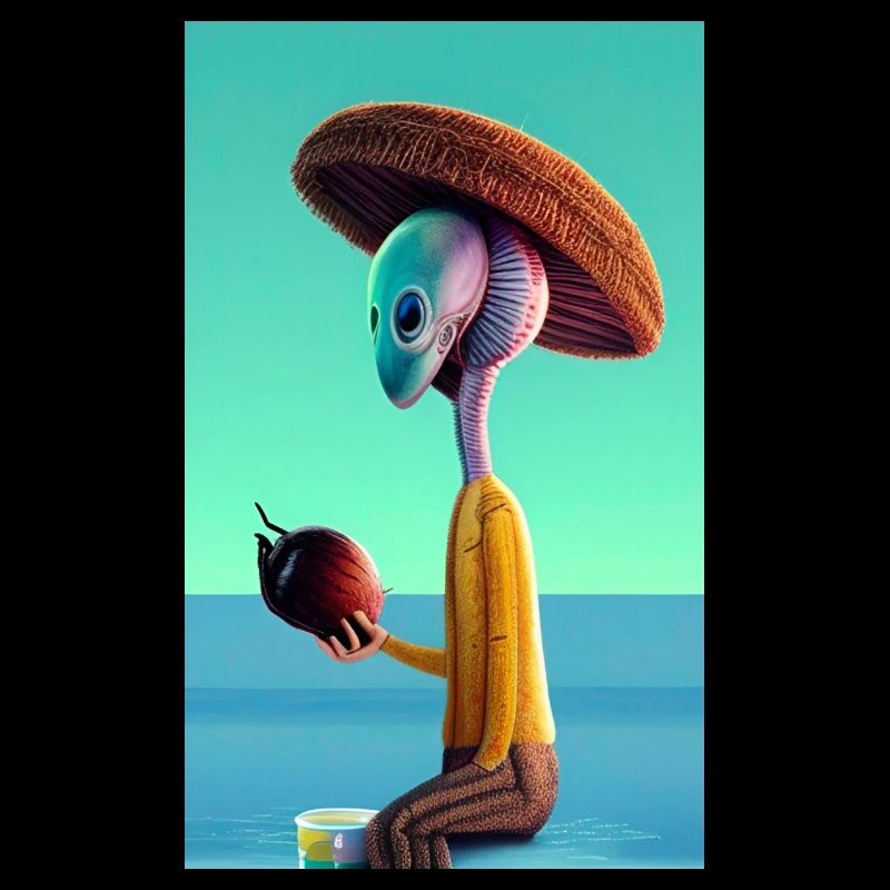 Crazy Comic Alien an einem Strand mit einer Weltraumkokosnuss