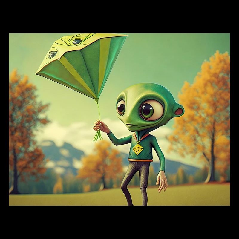 mignon petit vert rétro vintage alien voler un cerf-volant