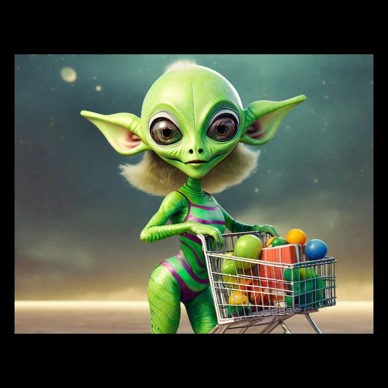 mignon petit extraterrestre rétro vert achète des produits d’épicerie