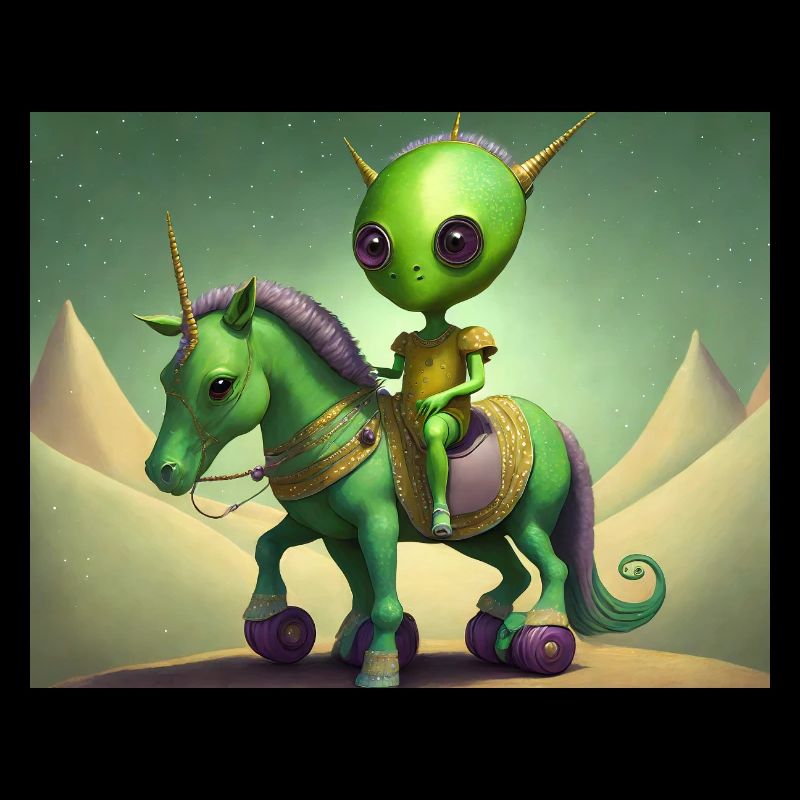 mignon petit extraterrestre vintage vert chevauchant un cheval