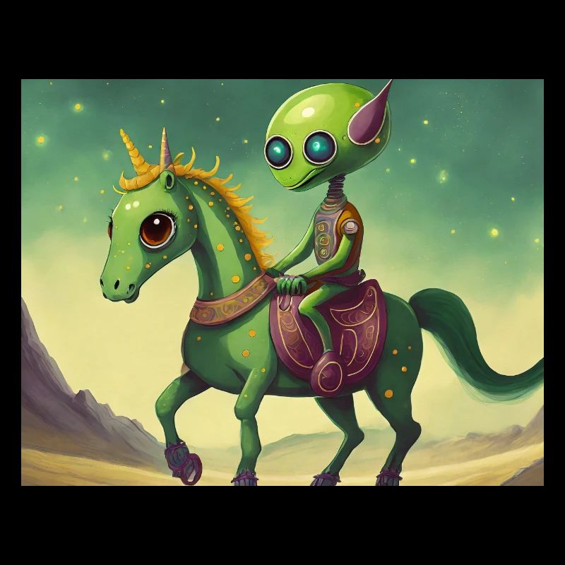 mignon petit extraterrestre rétro vert chevauchant un cheval
