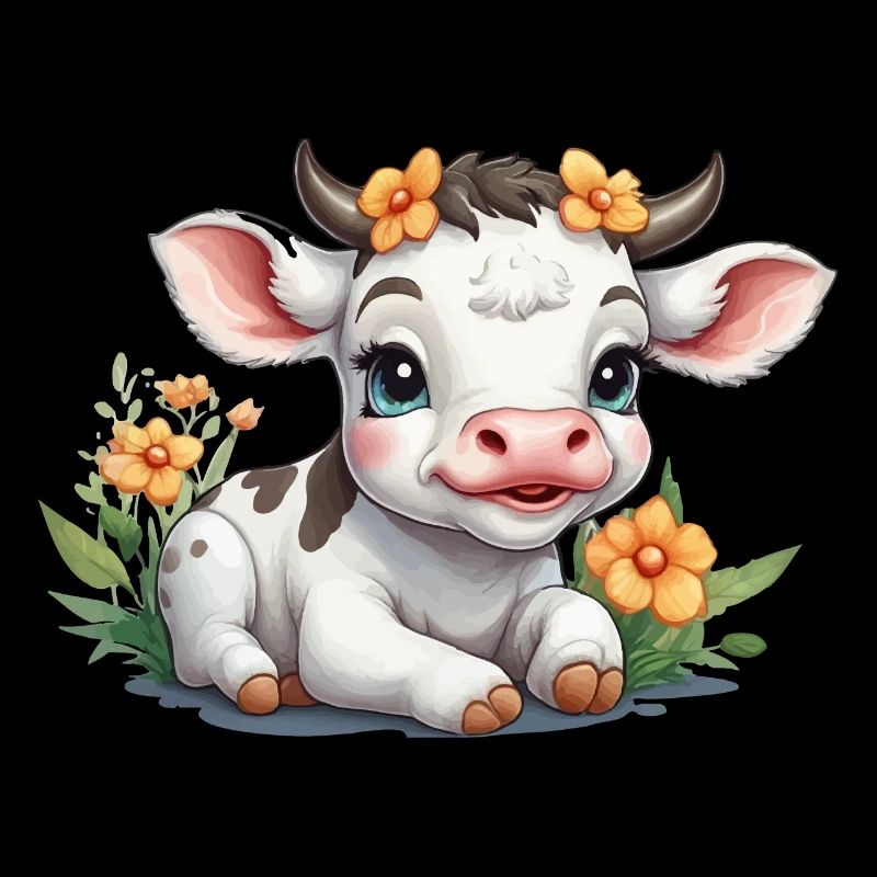 Mignon bébé vache veau sur prairie fleurie