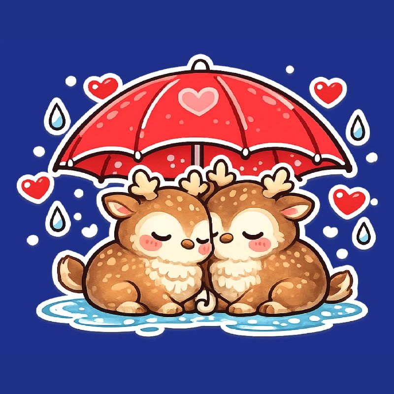 Two deer under umbrella