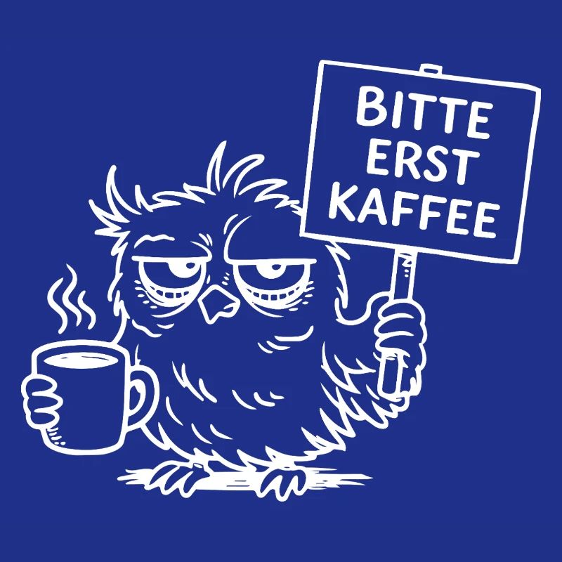 Bitte erst Kaffee – Müde Eule mit Kaffeetasse