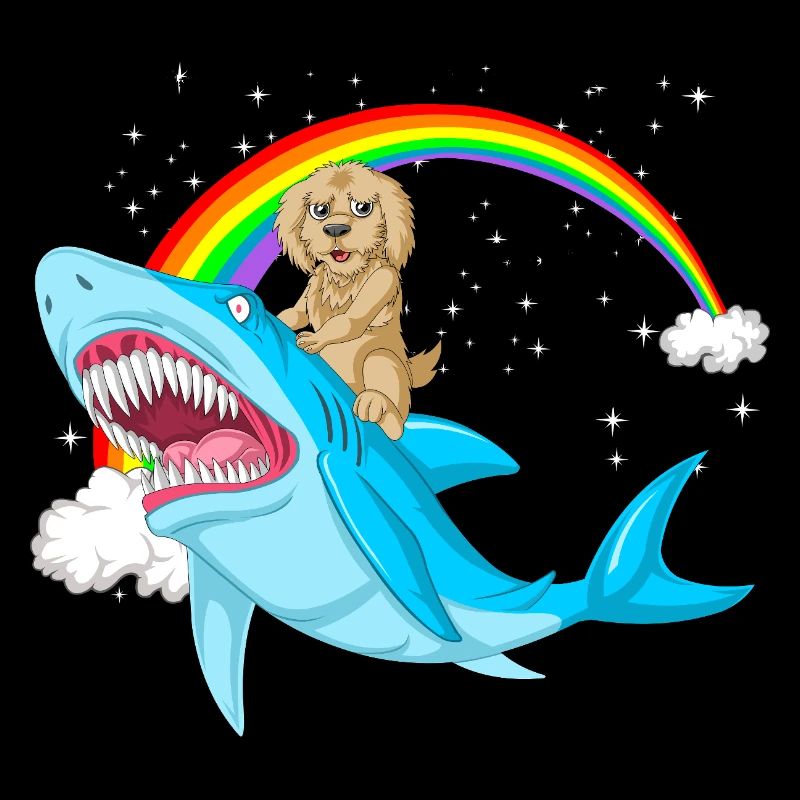 Whimsical Golden doodle and Mythical Shark