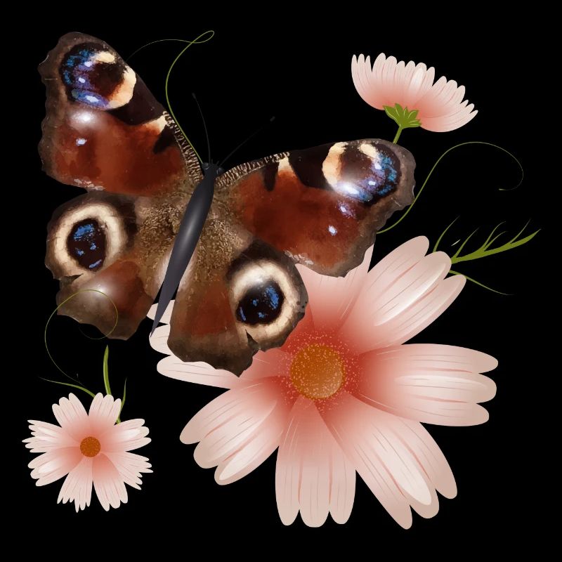 Papillon paon oeil avec des fleurs roses