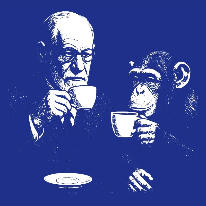 Sigmund Freud drinking coffee with monkey