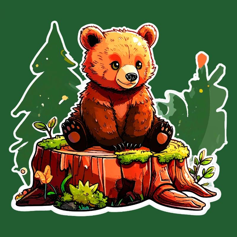 A little bear perched on a tree stump