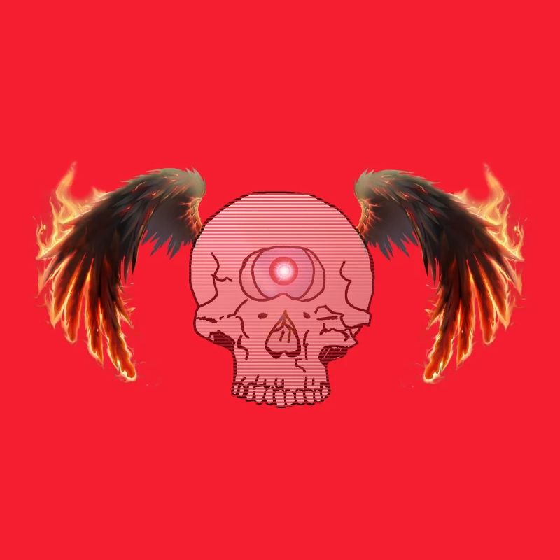 Winged skeleton in flames