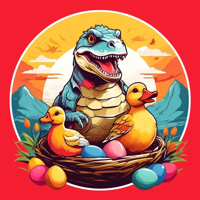 Little Dino in Easter Basket, Dino Baby and Easter Eggs.