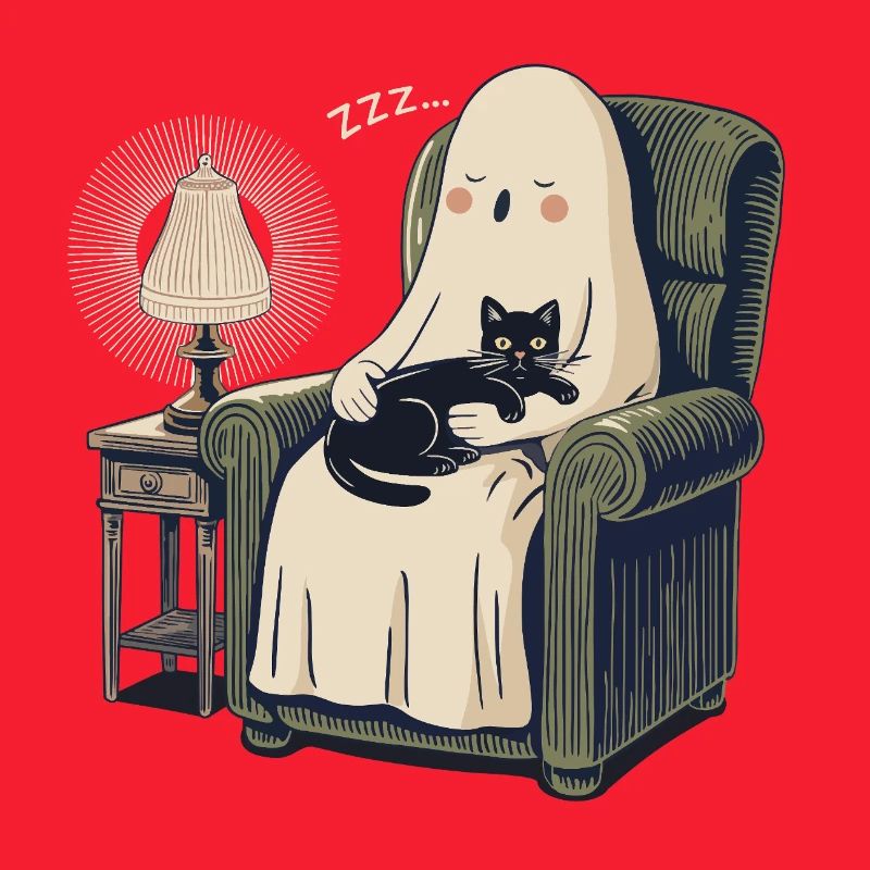 Fantôme et Chat endormis – Chat noir douillet et effrayant