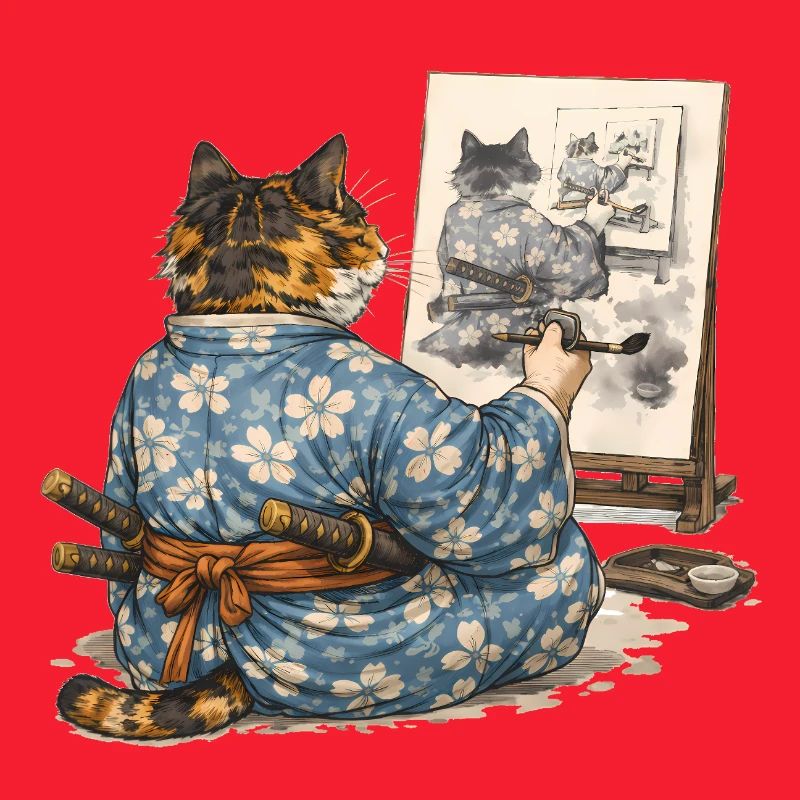 Samurai-Katzen-Malerei Sumi-e Ukiyo-e Kunst