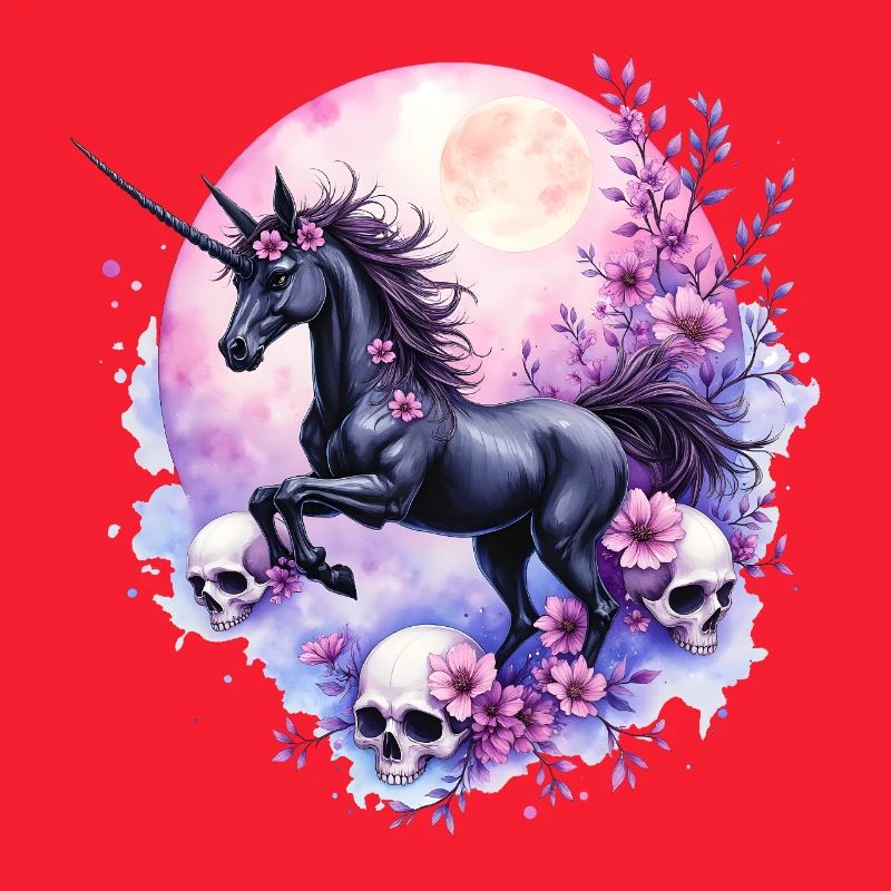 Licorne lunaire avec crânes et fleurs