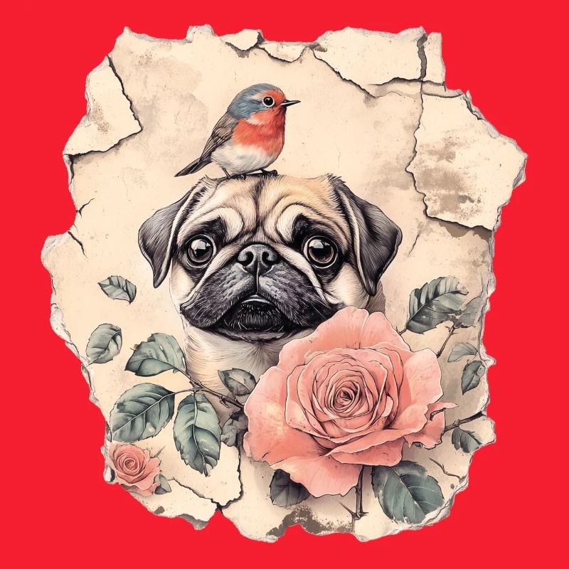 Mops mit Rotkehlchen