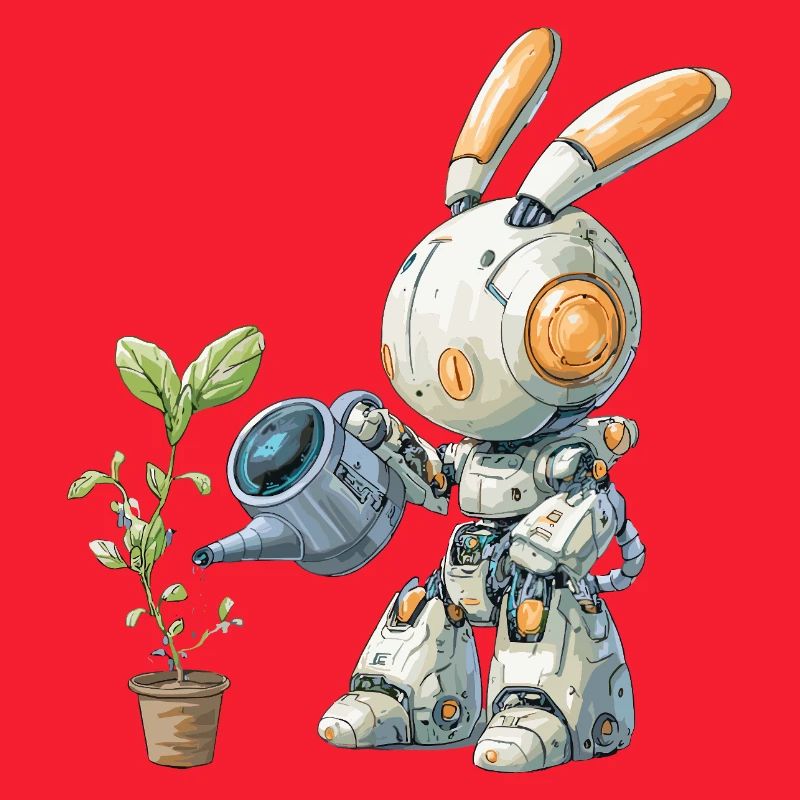 Robot rabbit watering plant