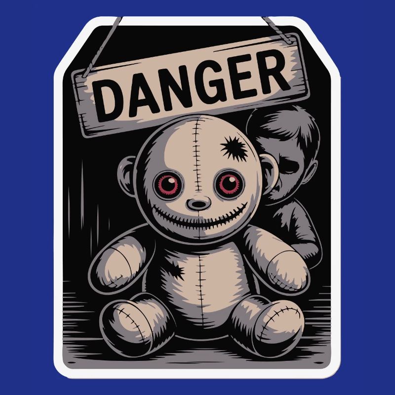 Poupée étrange avec un panneau de danger