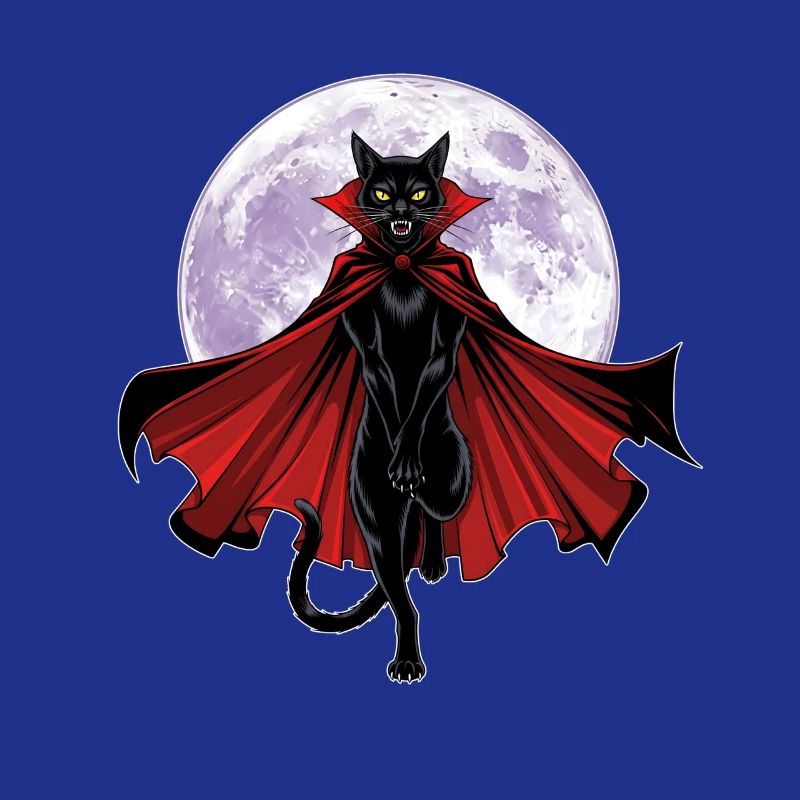 Chat vampire graphique avec cape devant une pleine lune