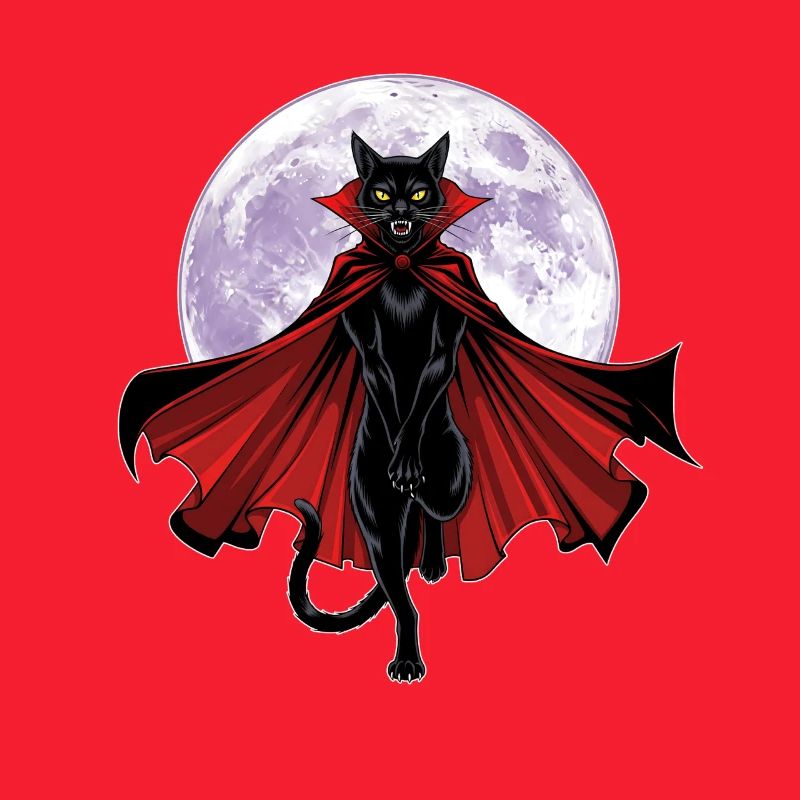 Chat vampire graphique avec cape devant une pleine lune