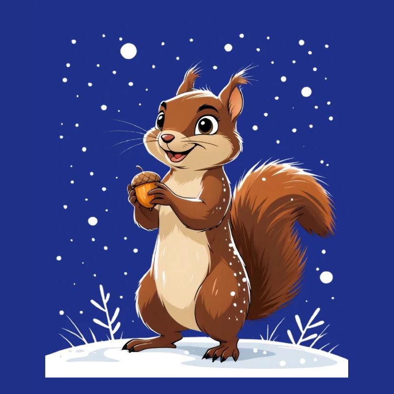 Winterliches Eichhörnchen mit Eichel