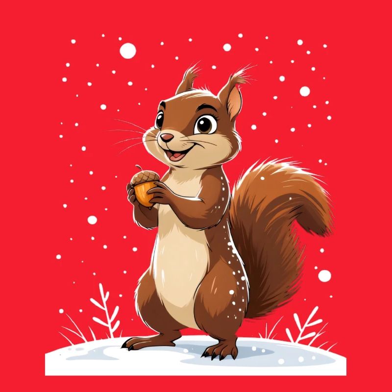 Winterliches Eichhörnchen mit Eichel