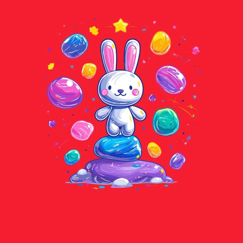 Cheerful bunny on colorful eggs