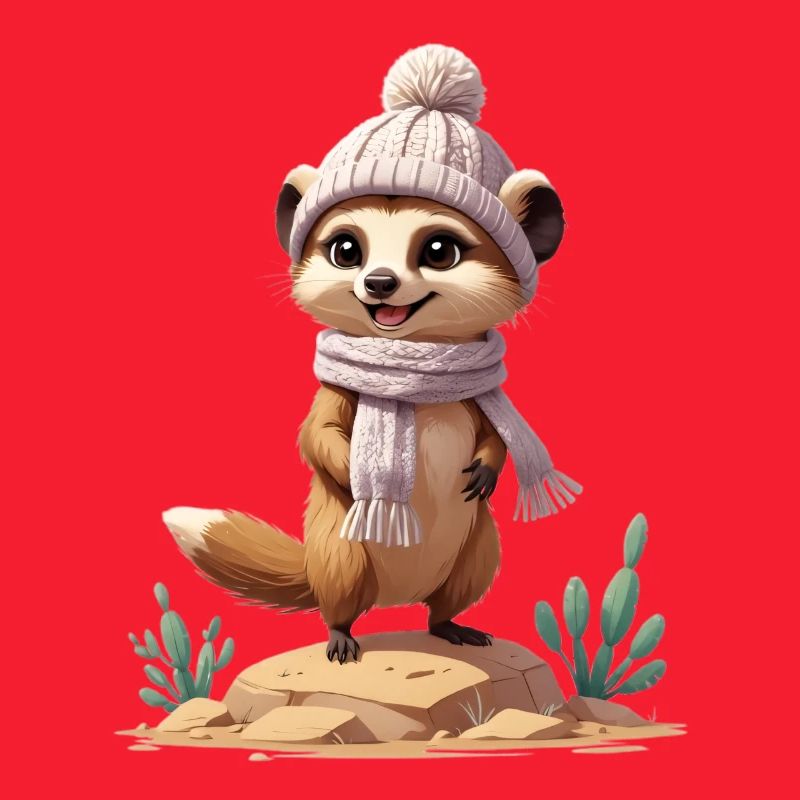 Suricate sur roche avec écharpe et chapeau