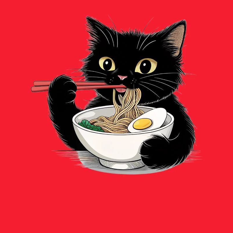 Chat noir mangeant des nouilles ramen