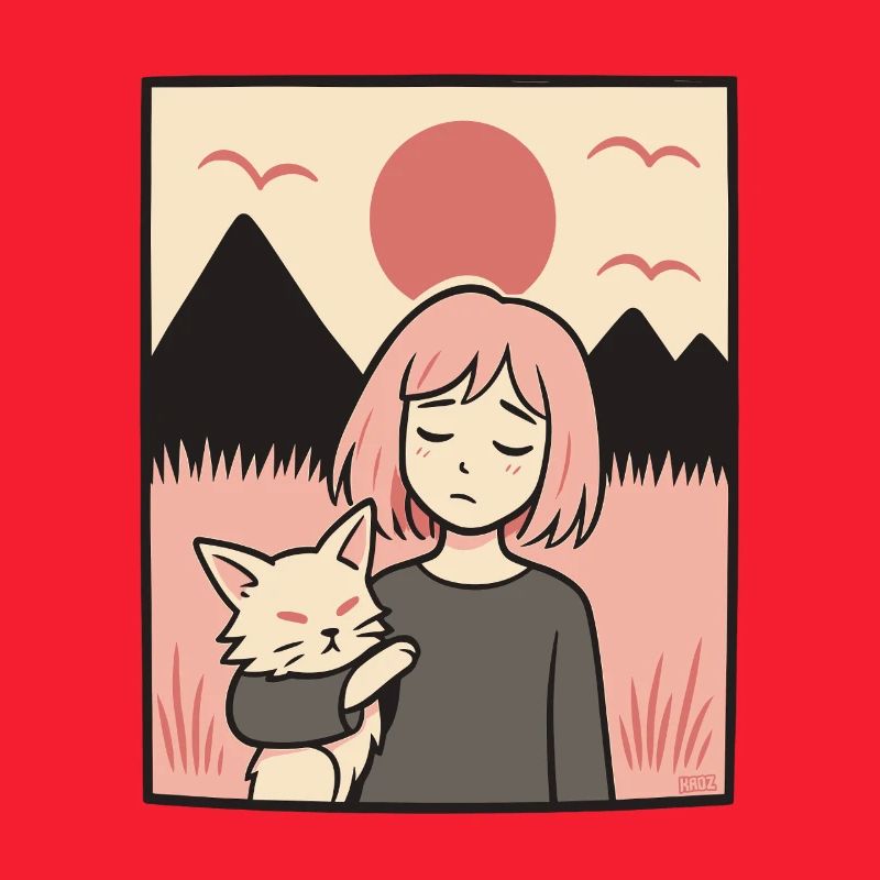 Fille avec un chat devant les montagnes
