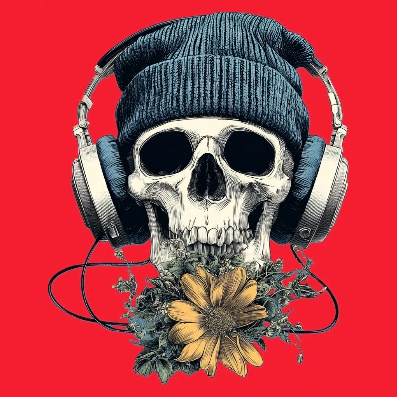 Crâne avec casque et fleurs