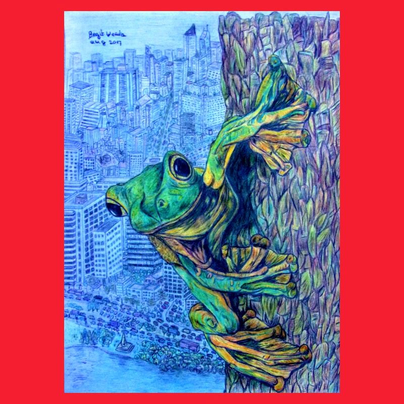 Frosch auf Baum mit Stadtansicht