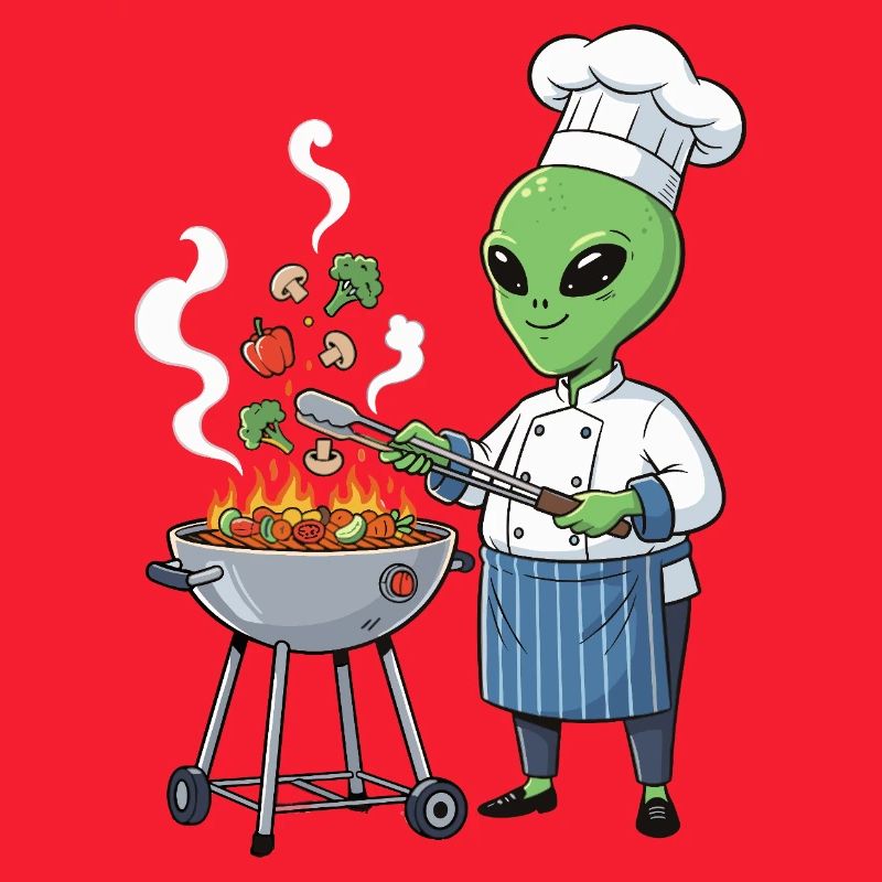 Alien chef grilling vegetables
