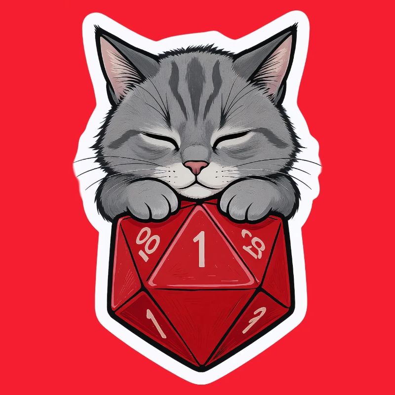 Bébé chat endormi sur D20 Cube – Dessin animé