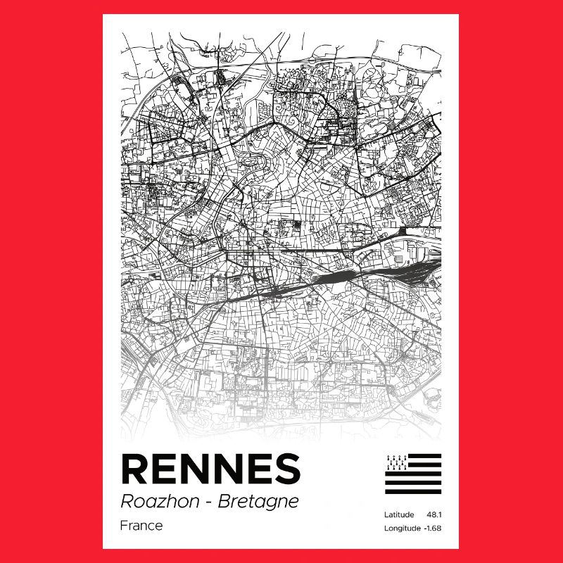 Carte Rennes Centre Noir et Blanc