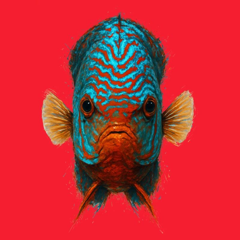 Blauer und oranger Diskusfisch mit intensiven Augen