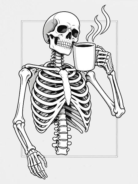 Skelett mit Morgenkaffee