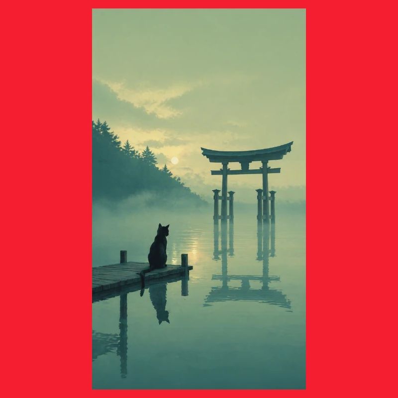 Schwarze Katze am Torii – Asian Zen Design