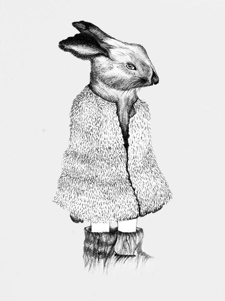 Hase gezeichnet im Mantel, schwarz-weiß