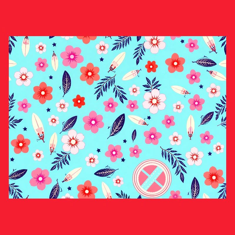 Blumenmuster mit Surfbrettern auf Himmelblau