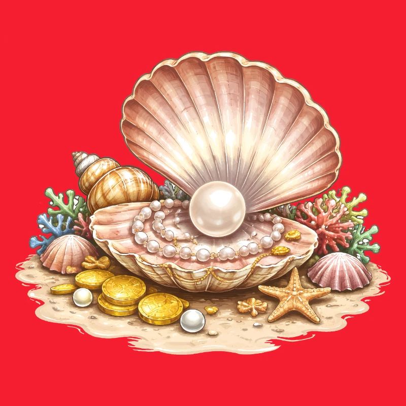 Pearl Shell with Treasure Illustration