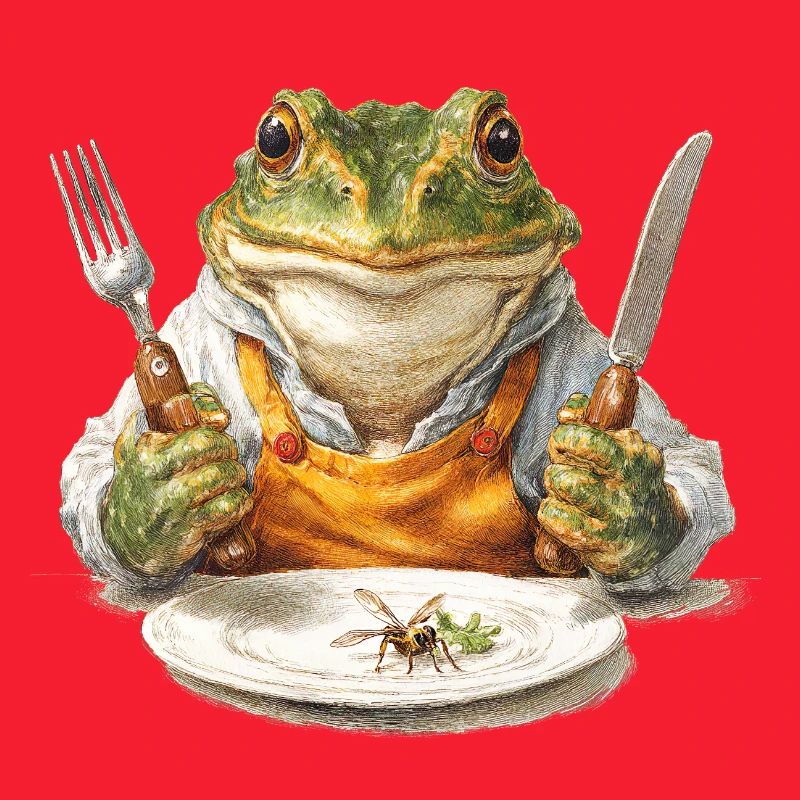 Frog chef with fork and knife