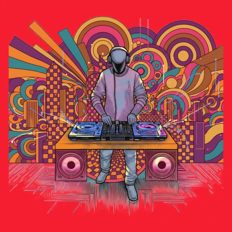 Futuristic DJ in a psychedelic background